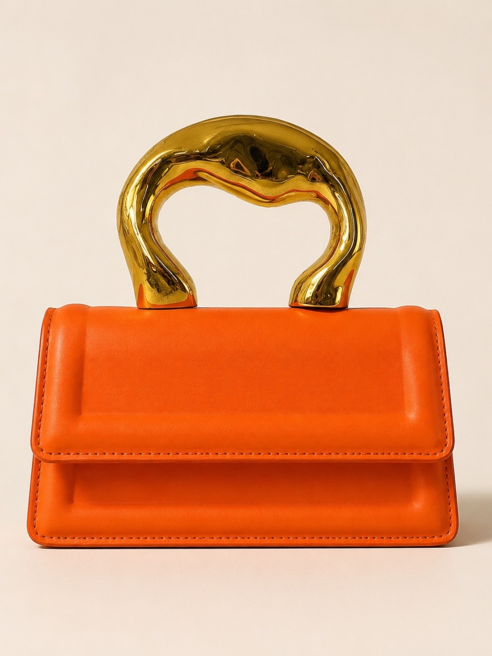 Orange Structured Top-Handle Bag with Gold Accent